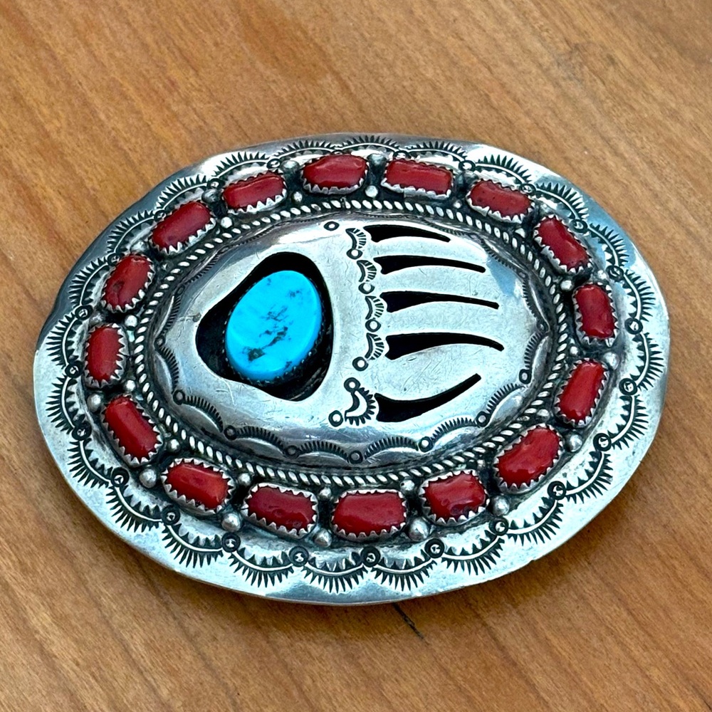 Navajo Wilbert Muskett Sr. Bear Paw Belt Buckle Turquoise and Coral, Vintage